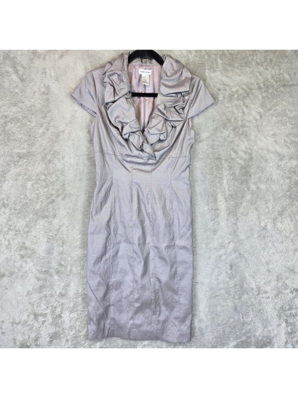 Andre Oliver Dress Womens 4 Purple Ruffle V Neck Cap Sleeve Sheath Knee Length
